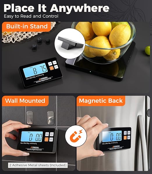 Atogou Wireless Kitchen Scale, 22lb/10kg Food Scale with Detachable Display & Larger Platform, 0.01oz/1g, 9 Units, Counting Function, Stainless Steel, for Cooking, Baking, Shipping, Black