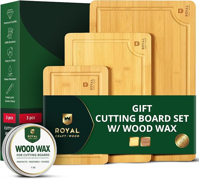 ROYAL CRAFT WOOD Wooden Cutting Boards for Kitchen Meal Prep & Serving - Bamboo Wood Serving Board Set with Deep Juice Groove Side Handles - Charcuterie & Chopping Butcher Block for Meat