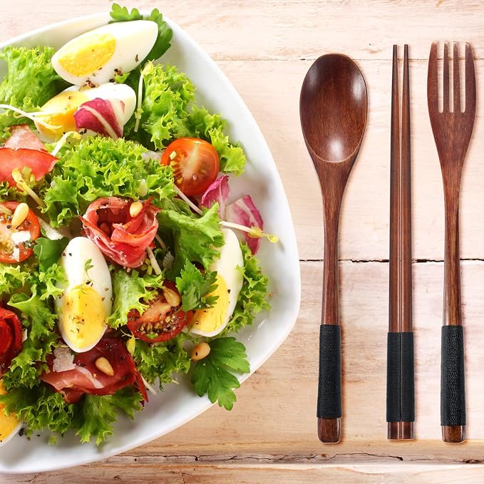 2 Sets Wooden Utensil Set, Travel Utensils for Eating, Wooden Fork Spoon Chopsticks, Reusable Portable Flatware Cutlery Set, Tied Line Flatware with Pouch for Lunch Camping Traveling
