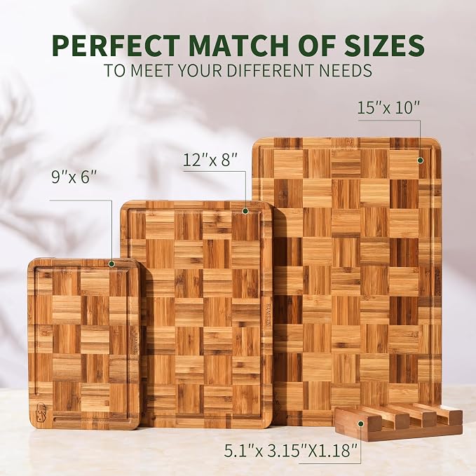 BAMBANG Bamboo Cutting Board for Kitchen with Juice Groove, End-Grain Butcher Block Chopping Boards, Checkered Wooden Cutting Boards Set of 3 with Stand, Knife-Friendly, Serving Tray