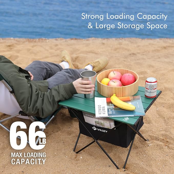 VILLEY Portable Camping Side Table, Ultralight Aluminum Folding Beach Table | Lightweight & Portable, Under-Table Storage Hammock, Carry Bag for Camping, Beach, Picnic, Boat & Travel