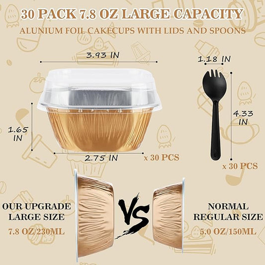 Disposable Cake Pans, BAKINGPAK 30PCS 7.8OZ Mini Cake Pans with Lids And Spoons Cupcake Liners with Lids Mini Disposable Baking Cups for Wedding Party, Rose Gold