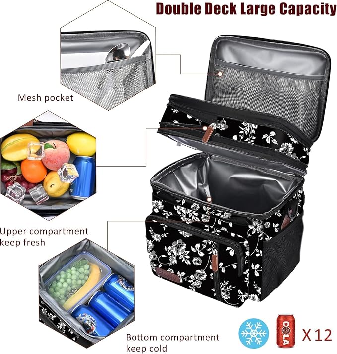 MIYCOO Lunch Bag for Women & Men, Expandable Double Deck Lunch Box, 15L | Leakproof & Waterproof, Portable, Large Soft Insulated Cooler bag for Adult, Work, Camping, Beach, Picnic, Travel
