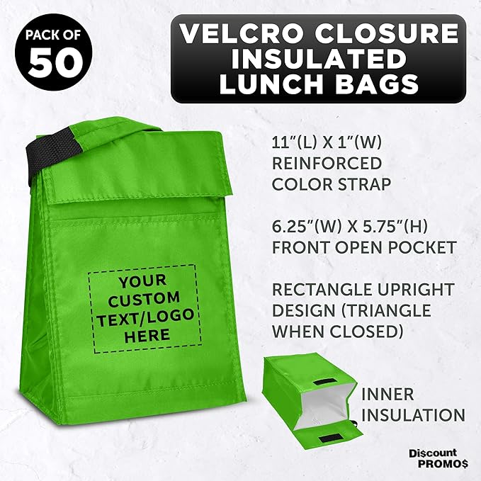 DISCOUNT PROMOS 50 Hook and Loop Insulated Lunch Bags Set - Customizable Text, Logo - Polyester, Durable, Vibrant, Reusable - Green