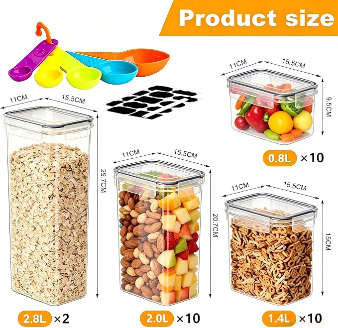 32pcs Airtight Containers, Clear Stackable Dry Food Storage | 32pk clear airtight containers with tight lids keep dry food fresh. Safe plastic, stackable for pantry kitchen storage