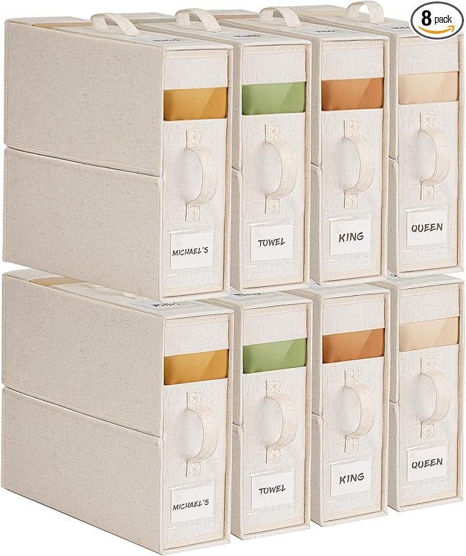 8Pack Linen Sheet Organizers for Linen Closet - King/Queen Size Bedding Storage Boxes with Clear Window | Foldable, Dustproof Sheet Storage Organizer for Blankets & Sheet Sets,Off-white