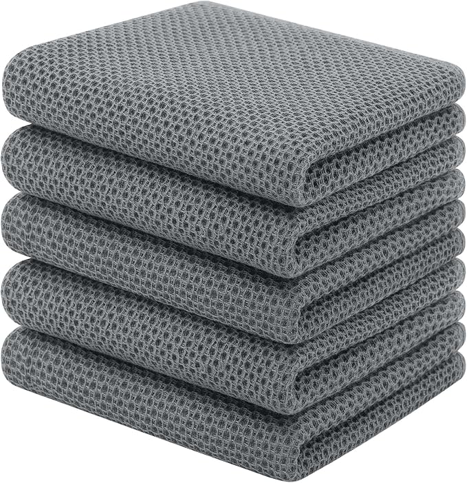 Homaxy 100% Cotton Waffle Weave Kitchen Towels, 5-Pack, Grey | 13 x 28 Inches, Ultra Soft Absorbent Dish Towels, Quick Drying Cleaning Towels
