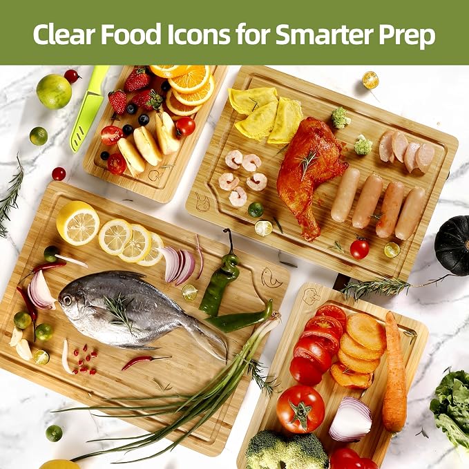 Labeled Cutting Board Set of 4, Bamboo Chopping Boards with Food Icons | Charcuterie Board Serving Tray with Juice Groove & Handles, Ideal for Meat, Vegetables, Fruits, Cheese