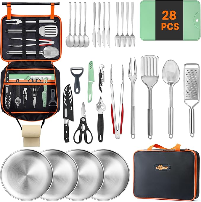 Gaialoop Portable Camping Cooking Utensils Set, Camp Kitchen Set with Organizer Bag, RV Essentials Outdoor Cooking Utensil Kit for Travel, Picnics, Camping, BBQs, Parties