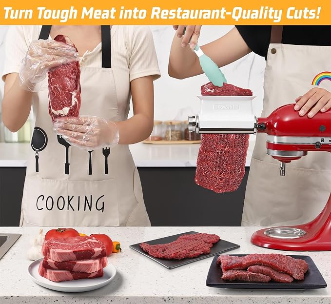 FavorKit Adjustable 3 Thickness Meat Tenderizer Attachment for Kitchenaid Mixers, Dishwasher Safe Durable Metal Housing & Plastic Rollers/Gears Accessories - White