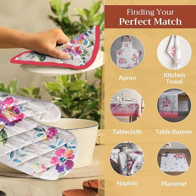 Maison d'Hermine Oven Gloves 100% Cotton Oven Mitt (7" x 13", Pack of 1) | With Loop Heat Resistant BBQ Cooking Gloves Baking Grilling Kitchen Handling Hot Pans Spring Summer - Rose Garden
