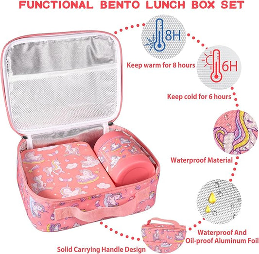 Bento Lunch Box Set for Kids with 10oz Soup Thermo, Leak-Proof Lunch Containers with 4 Compartment, Kids Thermo Hot Food Jar and Insulated Lunch Bag for Kid to School,BPA-Free(Unique Horse)