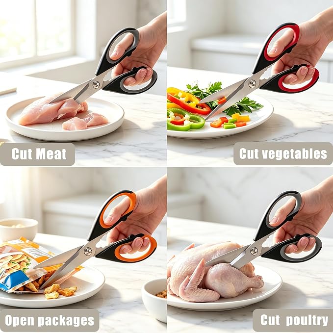 3 Pack Kitchen Scissors - Sharp Kitchen Shears | with Herb Stripping Hole All Purpose Stainless Steel Heavy Duty for Poultry Food Meat Dishwasher Safe with Protective Sheath