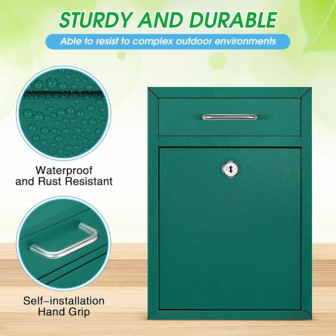 Yaocom Locking Mailbox with Key for Outdoor 12.2 x 8.5 x 3 Inches Large Wall Mount Mail Box with Lock Security Mail Drop Metal Collection Boxes Hanging Secure Postbox(Green)