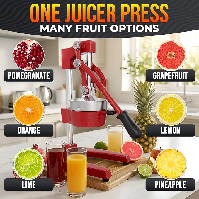 Cast Iron Juicer Hand Press, Heavy-Duty Squeezer, 304 Stainless Steel Bowl – One Pull Extracts Full Juice – Manual Citrus Press Juicer & Orange Squeezer for Lemon, Lime & Lemonade at Home Bar (Red)