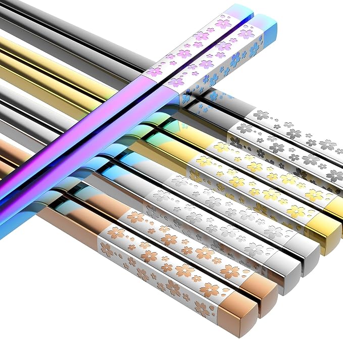 FOFAYU Metal Chopsticks Reusable 5 Pairs Multicolor Stainless Steel Chopsticks Dishwasher Safe Square Lightweight Non-Slip Chop Sticks Present Set