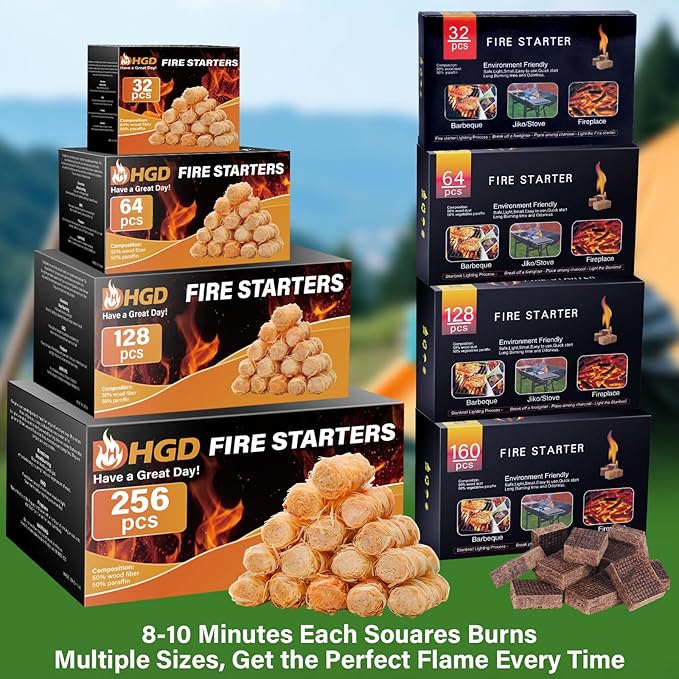 HGD Fire Starter, 160 Mini Square, Natural Fire Starters for BBQ, Campfire, Fireplace, Charcoal, Wood Stove, Chimney, Fire Pit, Grill, Smoker, Indoor Outdoor Use