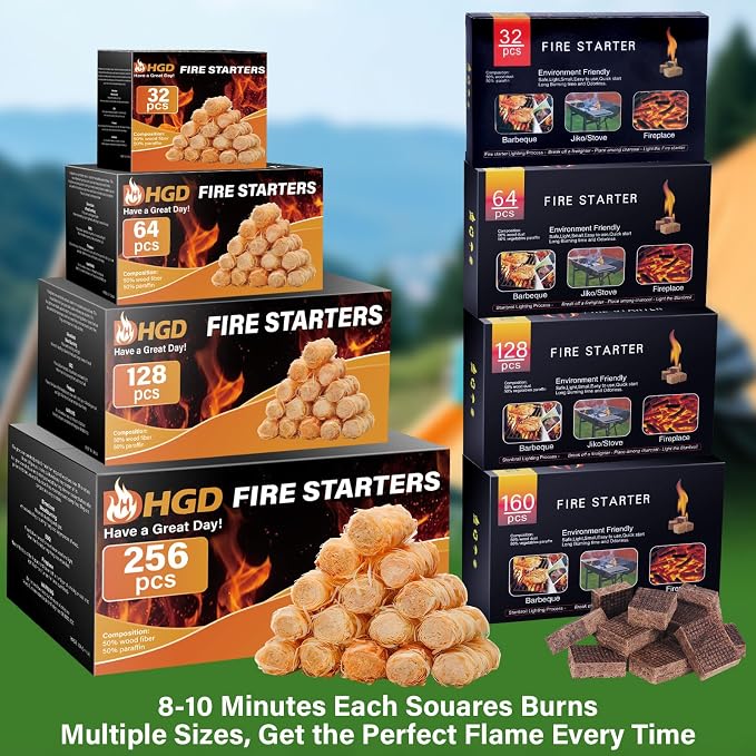 HGD White Fire Starters for Campfires, Waterproof, Charcoal Firestarter | Quick-Light Ignition 32 Cubes for Camping, BBQ, Fireplaces & Chimneys, Wind-Resistant, Long-Lasting, Safe for Family & Pets