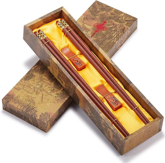 Reusable Chopsticks-Chinese Natural Wooden Chopstick,With Holder and Carrying Bag Present Set
