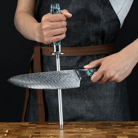 SENKEN Professional Emery Knife Sharpening Steel - Incredibly Strong Emery Rod for Sharpening & Honing Knives Up to 63 HRC Including All Damascus Knives ("Umi" Abalone Shell)