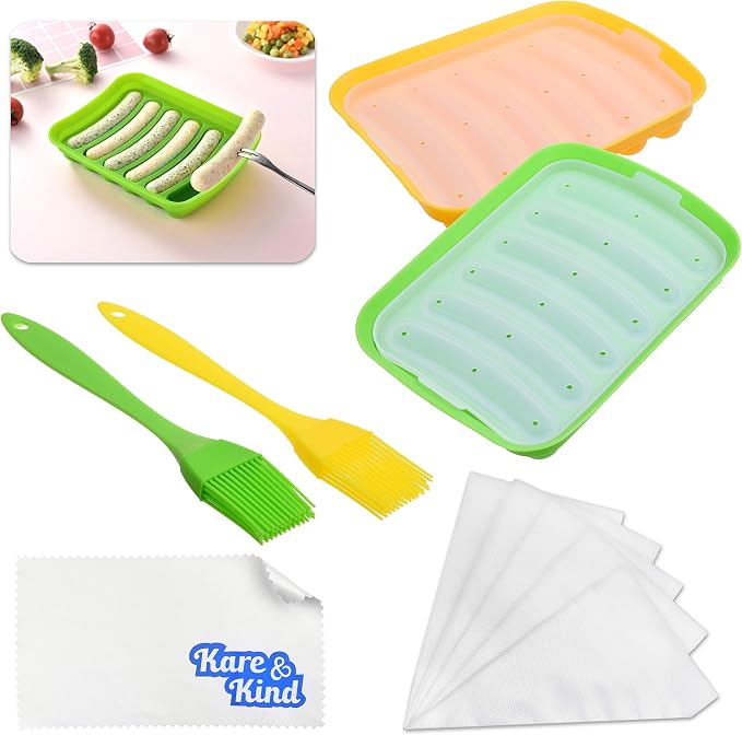 Kare & Kind 2x Silicone Sausage Molds - Non-Stick Flexible Hotdog Maker - 6-Cavity Baking Cooking Steaming Container - DIY Homemade Sausages - Includes 2x Silicone Mini Brushes and 20x Pastry Bags