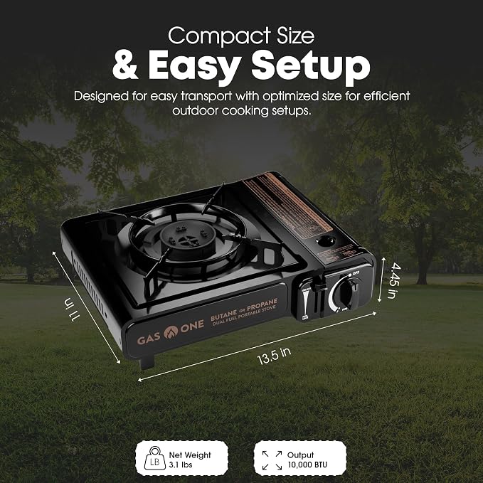 GasOne 10,000 BTU Dual Fuel Camp Stove – Butane and Propane Burner Portable Stove Camping Grill with Adjustable Heat Dial, Carry Case, Automatic Electric Ignition – Safe and Durable Construction