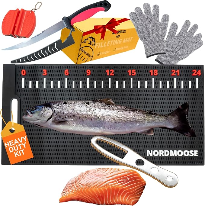 Fish Fillet Mat Kit with Fish Ruler Decal and Fillet Knife, Cutting Gloves. Large 28"x14" Nonslip Fish Cleaning Mat that Grips the Fish - Durable & Easy to Clean, Portable Fish Cutting Board | Fish Ruler, Fillet Knife & Sharpener, Cutting Gloves, Scale...