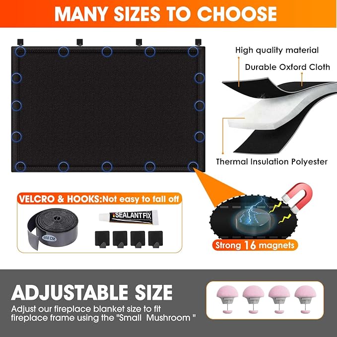 Fireplace Blocker Blanket Stops Heat Loss, Magnetic Fireplace Draft Stopper, Fire Place Draft Cover with Hook and Loop Tapes, Indoor Cold Air Blocker Save Energy, Black 42" W x 32" H