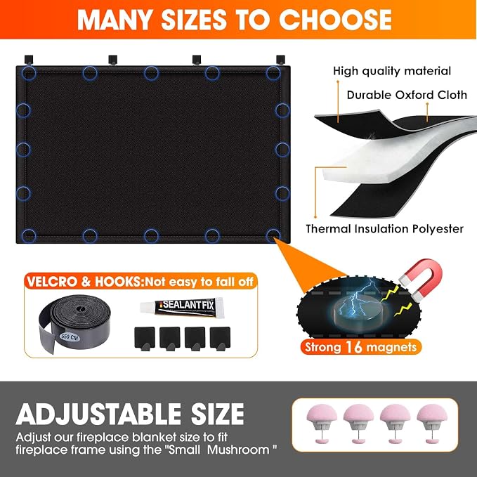 CADARA Fireplace Blocker Blanket Stops Heat Loss, Magnetic Fireplace Draft Stopper, Indoor Fire Place Draft Cover with Hook and Loop Tapes, Cold Air Blocker Save Energy, Black 42" W x 36" H