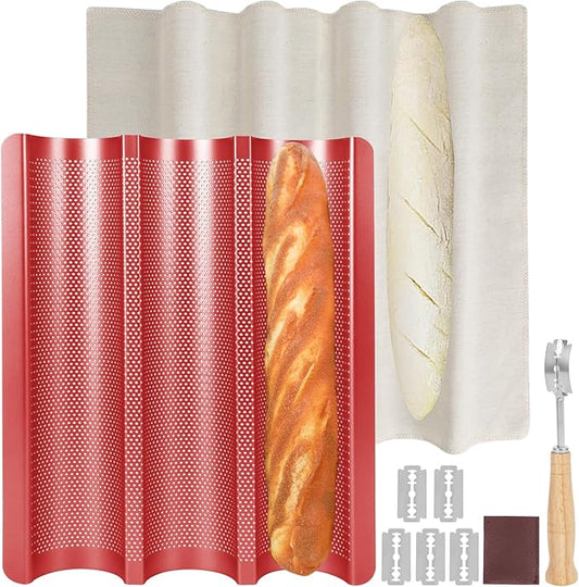 Perforated Baguette Bread Pan, French Bread Baking Pan Nonstick with Dough Couche & Cutter, Food Grade Carbon Steel 3-Slot Baguette Tray 15x11 Inch, Oven Safe, for Home & Professional, Red