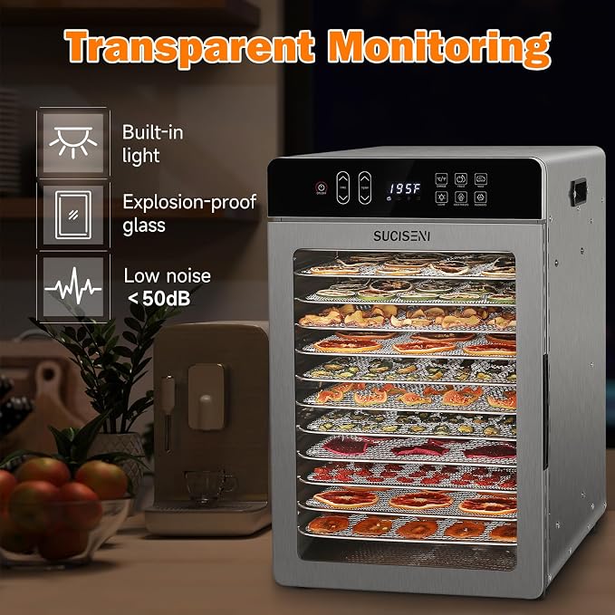 SUCISENI Food Dehydrator Machine for Jerky 11ft², 12 Trays 1000W Stainless Steel Dehydrator with 24H Timer 195℉ Temperature Control, Food Dryer Dehydrated for Meat, Fruits, Veggies, Dog Treats