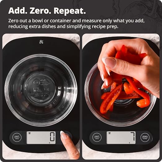 Greater Goods Food Scale – Digital Kitchen Scale, 1g Precision, Easy-Tare & Quick Conversion, Slim Compact Design, Durable & Portable | Ideal for Cooking, Baking & Meal Prep (Matte Black)