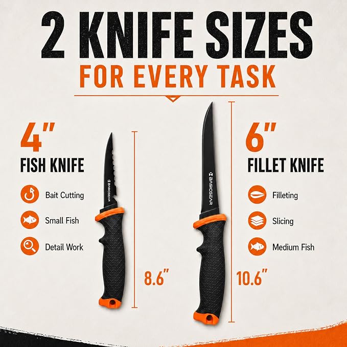 2PCS Fishing Fillet Knife Set – 4” & 6” Bait & Fillet Knives, Sharp Stainless Steel, Non-Slip Handle, Lightweight Portable Fish Knife Set for Fishing & Kitchen