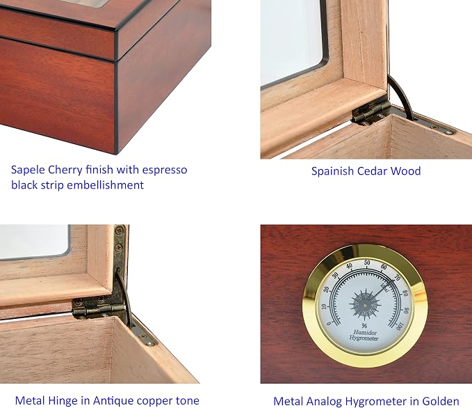 Premium Spanish Cedar Cigar Humidor – 25-50 Cuba Cigar Capacity, Sapele Cherry Finish Cigar Storage Box, Glass Top, Built-In Hygrometer & Humidifier – 10.25" W x 8.75" D x 4.5" H