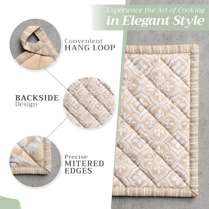 Maison d' Hermine 100% Cotton Oven Mitt & Pot Holder Set (7.5"x13" & 8"x8") | Heat Resistant BBQ Cooking Gloves with Loop Baking Grilling Kitchen Home Farmhouse Thanksgiving Christmas - Pretty Autumn