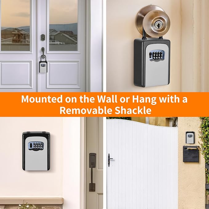 Portable Key Lock Box, Upgrade Clearly Visible Numbers, Lock Box Wall Mounted for House Key, 5 Key Capacity, Weatherproof Resettable Code (4 Pack, Grey)