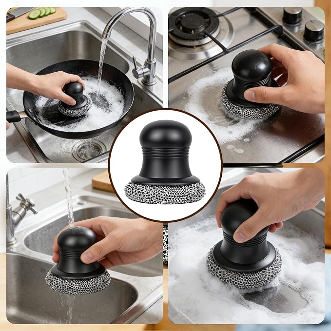 316 Upgraded Cast Iron Scrubber with Pan Scraper,Cast Iron Cleaner for Grill Pan Skillet Wok Carbon Steel,Ergonomic to Hold Easy to Use Dishwasher Safe ((Small Chain Mail))