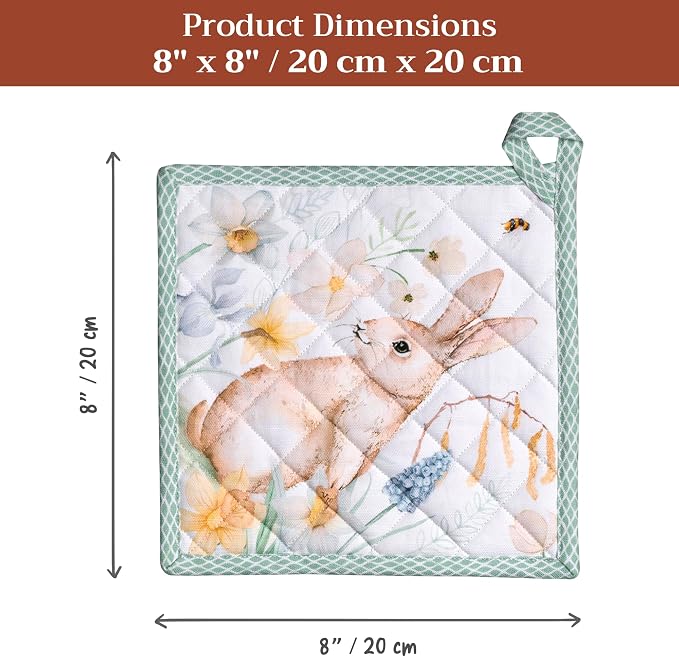Maison d' Hermine Pot Holders 100% Cotton Potholders (8" x 8", Pack of 2) | Heat Resistant Hot Pads with Loop BBQ Cooking Baking Farmhouse Kitchen Handling Hot Pans Spring Summer - Easter Dew