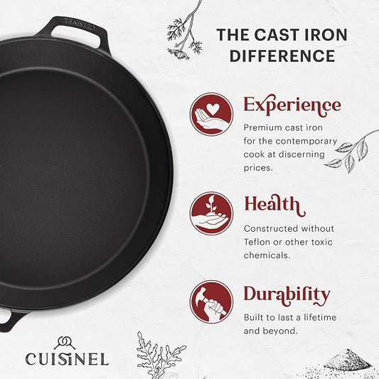 Cuisinel Cast Iron Skillet + Glass Lid + Red Chainmail Scrubber - 15"-Inch Dual Handle Braiser Frying Pan + Silicone Handle Covers - Pre-Seasoned Oven Cookware - Indoor/Outdoor. PFAS and PFOA-free