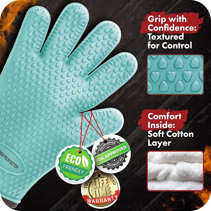 KITCHEN PERFECTION XL Silicone Smoker BBQ Gloves -Heat Resistant Oven Mitts | Waterproof, 5-Finger Design For A Better Grip, for Pitmasters, Meat Smoking, Grilling, Cooking, Frying Turkey | Grill Gift