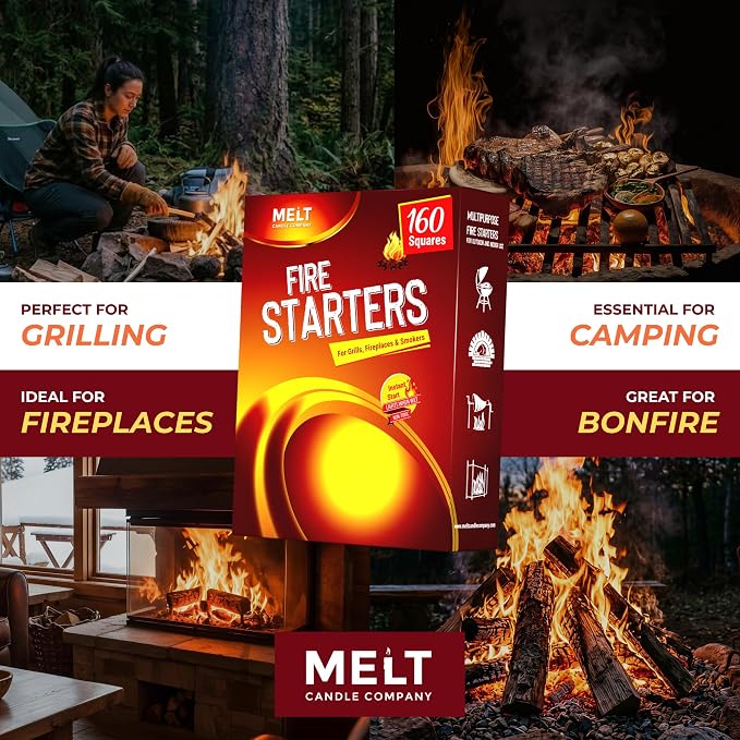 Fire Starter Squares, 160 pcs - Charcoal Fire Starters for Campfires, Grill, Outdoor Pit, Fireplace, Wood Stove, BBQ - Firestarter Sticks, Water Resistant & Odorless - Camping Accessories Essentials