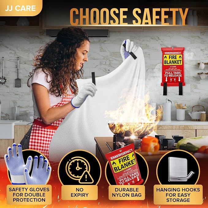 JJ CARE Fire Blanket – 40"x40" 4 Packs with Hooks – Emergency Fire Blanket for Home & Kitchen, High Heat Resistant Fire Suppression Blankets for Home Safety, Kitchen, and Camping
