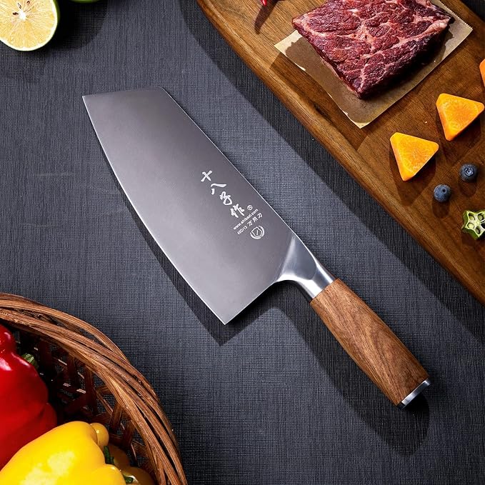 SHI BA ZI ZUO Meat Cleaver Knife, 7.5-inch Professional Stainless Steel Butcher Knife Chinese Cleaver for Kitchen Use Anti-Slip Wooden Handle