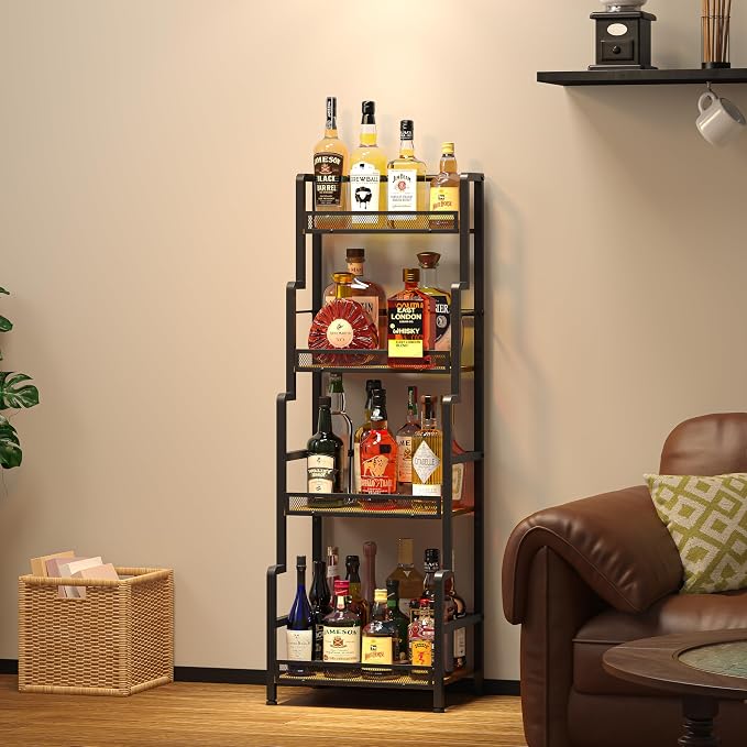 Hayexiha 4-Tier Stepped Freestanding Wine Rack, Large Capacity Liquor Cabinet with Anti-Fall Guardrails and Rounded Corners, Bottle Display Shelf & Mini Bar for Living Room, Home Bar, Kitchen Corner