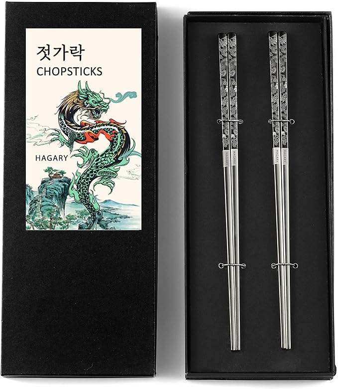 Hagary Dragon Chopsticks Metal Reusable Designed In Korea Japanese Style Stainless Steel 316 18/10 Non-Slip 2 Pairs Dishwasher Safe Laser Etched (Black)