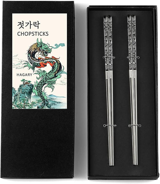 Hagary Dragon Chopsticks Metal Reusable Designed In Korea Japanese Style Stainless Steel 316 18/10 Non-Slip 2 Pairs Dishwasher Safe Laser Etched (Black)