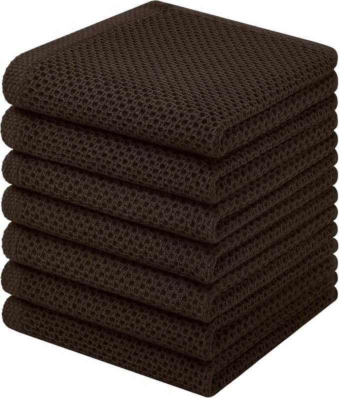 Homaxy 100% Cotton Waffle Weave Kitchen Dish Cloths, 7-Pack, Dark Brown | 12 x 12 Inches, Ultra Soft Absorbent Dish Towels, Quick Drying Dish Rags with Hanging Loop