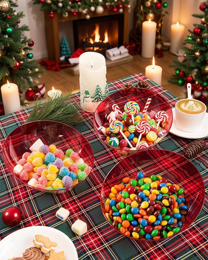 bUCLA 12 Pack Clear Red Plastic Serving Bowls - 20 OZ Christmas Angled Serving Bowls Disposable for Chip, Candy, Salad & Fruit - Ideal for X’mas Party