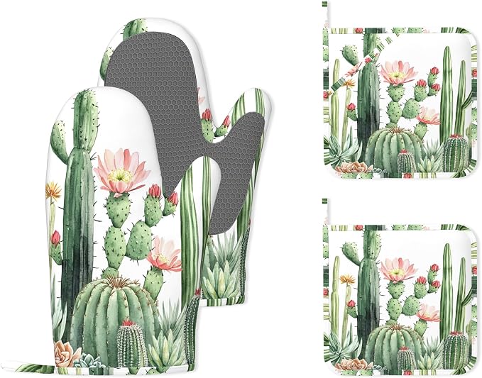Cactus Succulent Greenery Flower Heat-Resistant Silicone Oven Mitts and Pot Holder 4 Piece Set,Non-Slip Kitchen Oven Gloves for Baking, BBQ, Cooking,Grilling