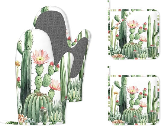 Cactus Succulent Greenery Flower Heat-Resistant Silicone Oven Mitts and Pot Holder 4 Piece Set,Non-Slip Kitchen Oven Gloves for Baking, BBQ, Cooking,Grilling